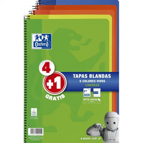 Oxford - Pack de 5 cuadernos tapa blanda, 80 hojas, cuadrícula 4x4 con margen, colores surtidos vivos 