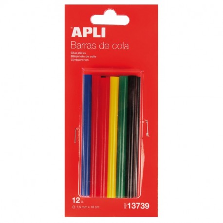 APLI 13739 - Pack de 12 recambios barras de cola, 7.5 mm x 10 cm, multicolor