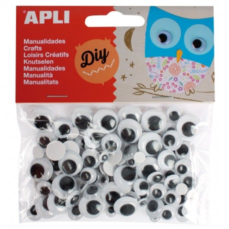 APLI - Bolsa ojos móviles negros redondos adhesivos, 100 uds
