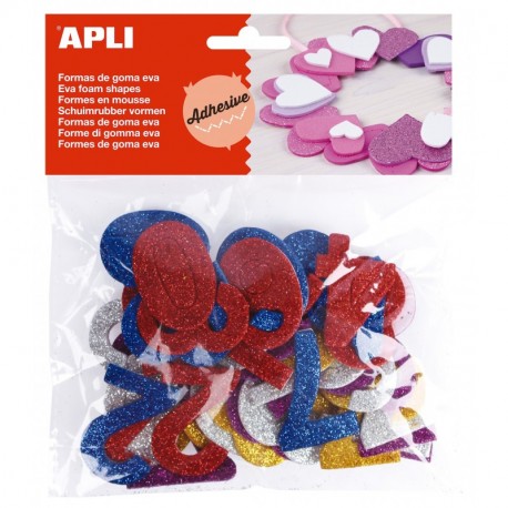APLI - Bolsa formas EVA adhesiva purpurina formas números color, 50 uds