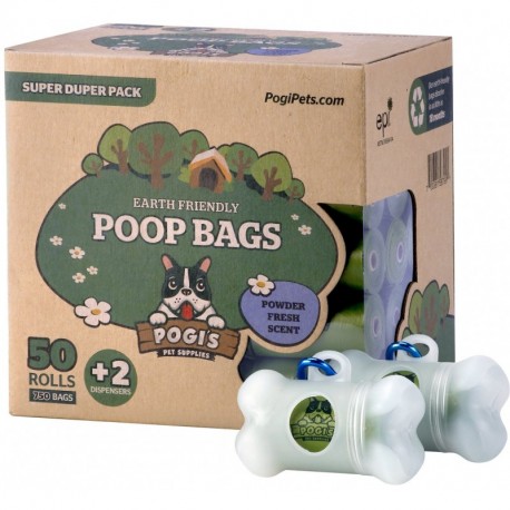 Pogis Poop Bags - Bolsas para excremento de Perro - 50 Rollos 750 Bolsas + 2 Dispensadores - Grandes, Biodegradables, Perf