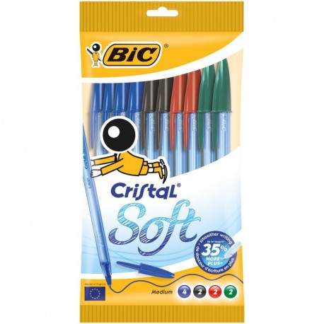 BIC Cristal Soft - Estuche de 10 bolígrafos, colores azul, negro, rojo y verde