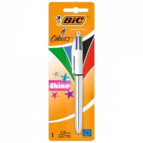 BIC 4-Color Shine, Bolígrafo con 4 Colores de Tinta, Cuerpo Efecto Metalizado y Punta Media, Colores Surtidos