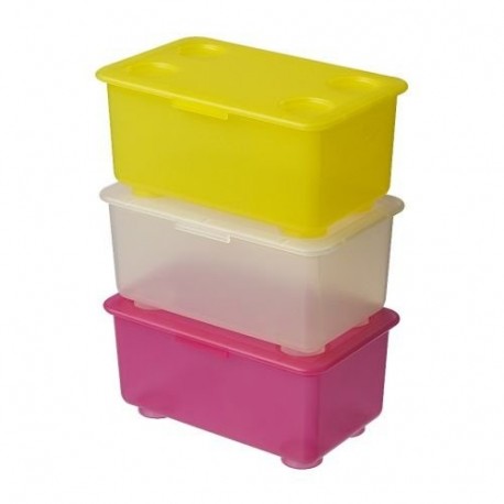 GLIS caja de almacenaje con tapa, rosa/blanco, amarillo, 3 unidades, tamaño 17 x 10 cm, un lugar perfecto para keep bolígrafo