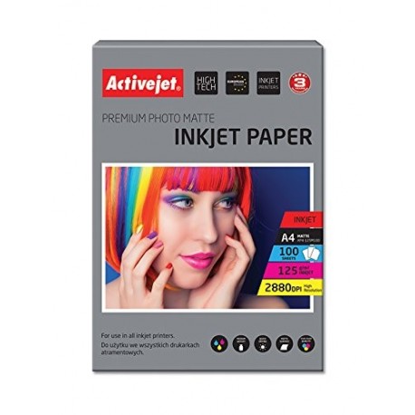 ActiveJet AP4-125M100 - Papel fotográfico Blanco, Matte, 125 g/m², Inyección de tinta, A4, 100 hojas 
