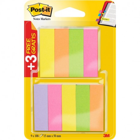 Post-it 670-6+3 - Marcapáginas adhesivos de ancho fino, 9 bloques de 100 hojas , color rosa, verde, amarillo, naranja y mora