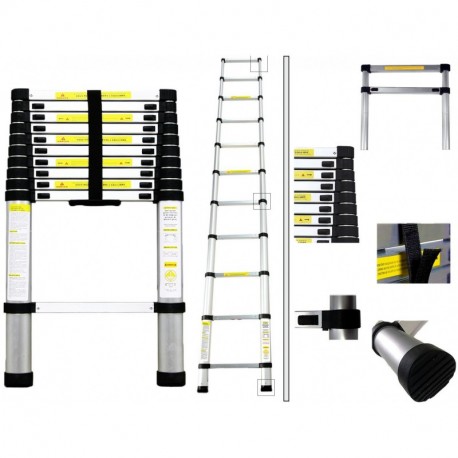 Todeco Escalera Telescópica Plegable, EN 131, Carga máxima: 150 kg, Aluminio, 3.2 m