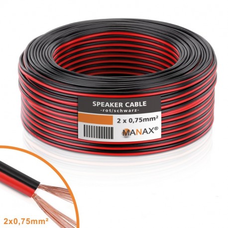 MANAX Cable de altavoz 2 x 0,75 mm², CCA, Rojo/Negro rollo de 50 m