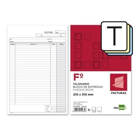 TALONARIO LIDERPAPEL FACTURAS FOLIO ORIGINAL Y 2 COPIAS T323 CON I.V.A. 5 unid. 