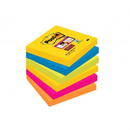 Post-it Super Sticky - Pack de 6 blocs notas de 90 hojas, colores amarillo neón, azul mediterráneo, verde neón, rosa fucsia, 
