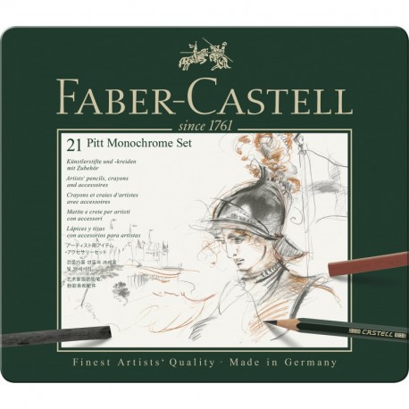 Faber-Castell 112976 - Estuche de metal con 21 piezas, surtido de carbonos, grafitos, ecolápices y tizas