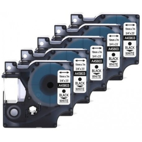 5 Compatibles Casetes D1 45803 negro sobre blanco 19mm x 7m cintas para impresoras de etiquetas DYMO LabelManager LM 100, 110