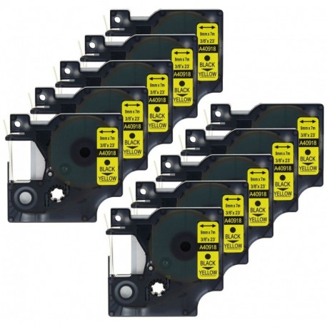 10 Compatibles Casetes D1 40918 negro sobre amarillo 9mm x 7m cintas para impresoras de etiquetas DYMO LabelManager LM 100, 1