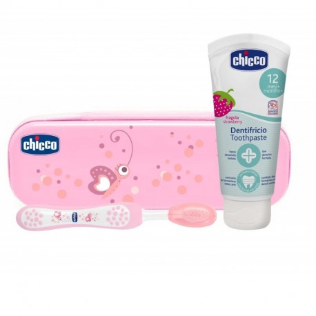 Chicco - Neceser set dental cepillo y pasta fresa con flúor 12+ m, rosa