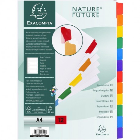 Exacompta 2312E - Separadores de 12 posiciones A4, Cartulina Blanca, 160 grs