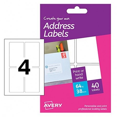 Avery HAL04 - Pack de 10 hojas con etiquetas para sobres, 4 por hojas, 38 x 64 mm, color blanco