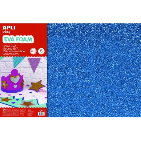 APLI Kids - Bolsa goma EVA purpurina azul, 400x600x2mm 3 hojas