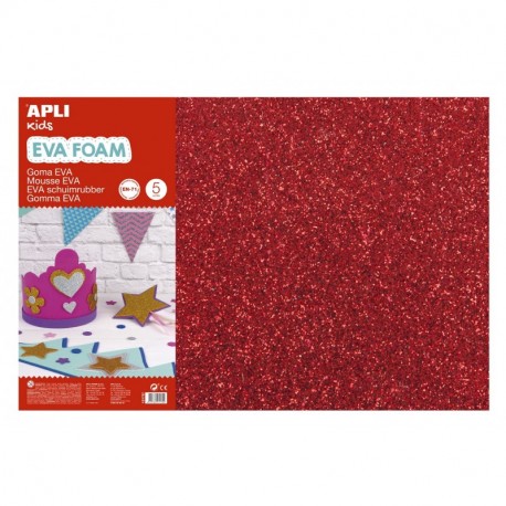 APLI Kids - Bolsa goma EVA purpurina roja, 400x600x2mm 3 hojas