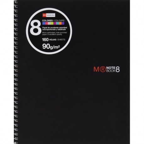 Miquelrius - Cuaderno A5, 160 hojas franjas de 8 colores , cuadrícula 5 mm, tapa de polipropileno color negro