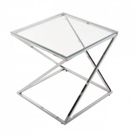 Versa 18790431 Mesa auxiliar Trento cuadrada cristal/metal, plateado,51x51x51cm