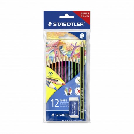 Staedtler Noris 185 SET1. Lápices de colores ecológicos. Caja con 12 lápices y una goma de borrar.