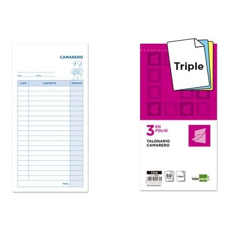 Liderpapel - Talonario camarero 3/fº original y 2 copias t314 10 unidades 