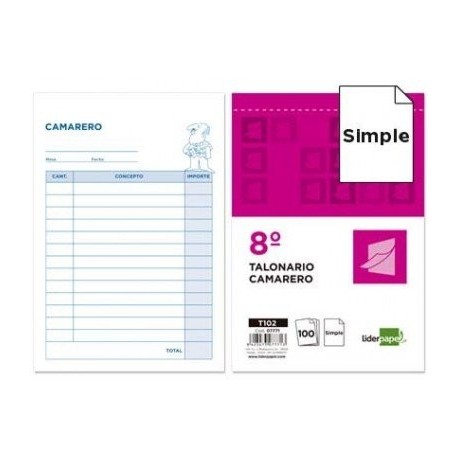 Liderpapel - Talonario camarero octavo -sin iva- 102 10 unidades 