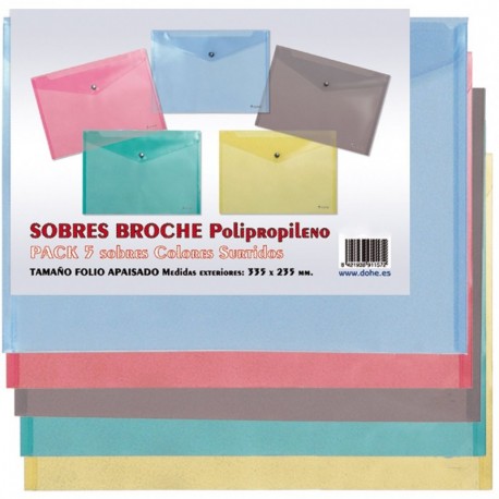 Dohe 91157 - Pack de 5 sobres de broche translúcido polipropileno, folio, multicolor