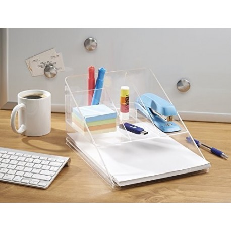 mDesign Organizador de escritorio transparente – Organizador de oficina con 5 compartimentos y bandeja para papel – Práctico 