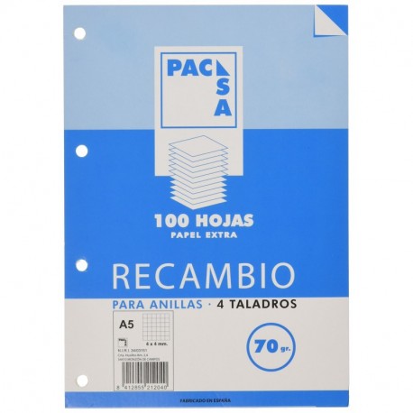 Pacsa 21201/21204 - Recambio 70 g, A5, 4 anillas cuadriculadas