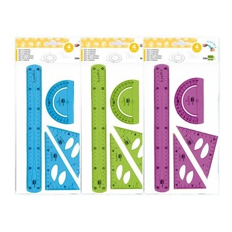 juego escuadra 10 cm cartabon 14 cm regla 30 cm y semicirc. plastico flexible en petaca liderpapel colores surtidos