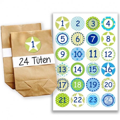 Papierdrachen 24 Bolsas de Papel con Pegatinas para Calendario de Adviento - Motivo Estampados en Turquesa y Verde - 13