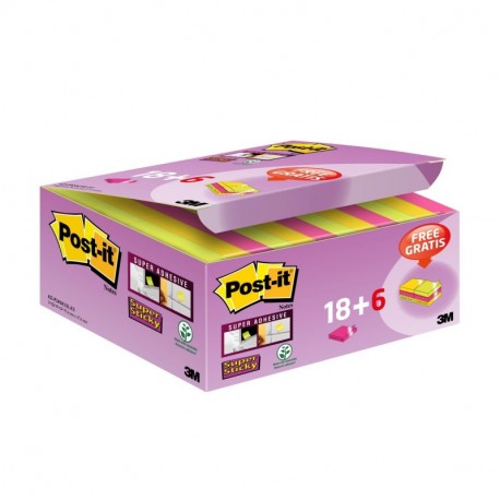 Post-it Super Sticky - Pack de 24 blocs notas, colores surtidos 8 rosa fucsia, 8 amarillo neón y 8 verde neón