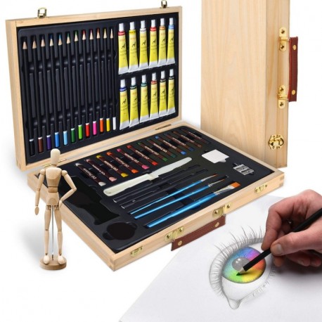 Artina Leonardo - Set de pintura 45 pzas. - Maletín con colores acrílicos, lápices, Pinceles, Pasteles y maniquí