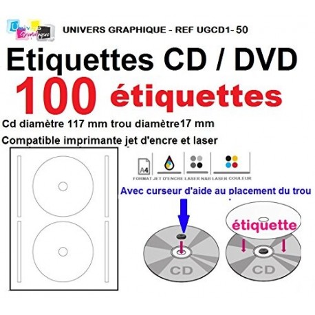 100 étiquettes CD - DVD autocollantes standard autocollant de diamètre 117 mm + trou 17 mm - livré avec curseur de placement 