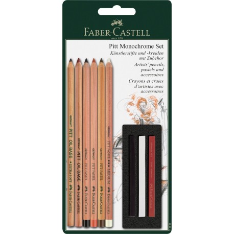 Faber-Castell 112998 - Set Pitt Monochrome de 6 lápices y 3 tizas