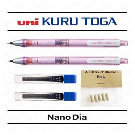 Uni Ball Kuru Toga 0,7 mm - Auto Afilando portaminas - color rosa - 2 unidades + 24 libre conduce y 5 Free Borradores