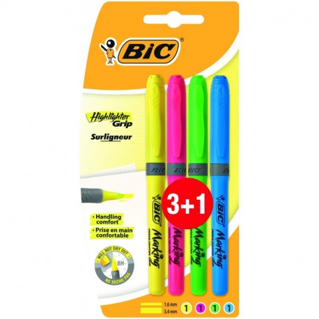 BIC Highlighter Grip - Blíster de 3+1 marcadores fluorescentes, colores amarilla, azul, verde y rosa