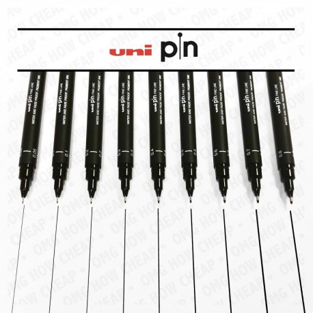 Uni Pin - Rotulador de dibujo de punta fina - Juego completo de 9 puntas, color negro