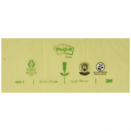 Post-it 653 - Pack de 3 blocs notas, papel reciclado, 100 hojas/bloc, color amarillo