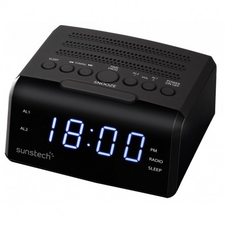 Sunstech FRD35U - Radio despertador con alarma dual, pantalla LED, FM, USB, conexión auriculares, color negro