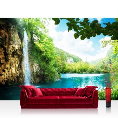 Papel pintado fotográfico 350 x 245 cm Premium Plus de tela, estampado Waterfall in Paradise, cascada Laguna, paisaje de lago