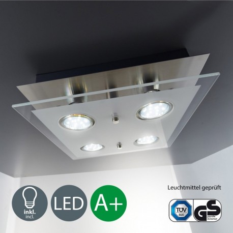 Foco LED I Plafón cuadrado I Con 4 x 3 W bombillas GU10 I Metal I Cristal satinado I Níquel mate I Lámpara de techo moderna I