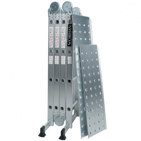WORHAN® 4.6m Escalera Multiuso con 2 Plataformas de Acero Multifuncional Plegable Tijera Aluminio 2 Estabilizadores Bisagra G
