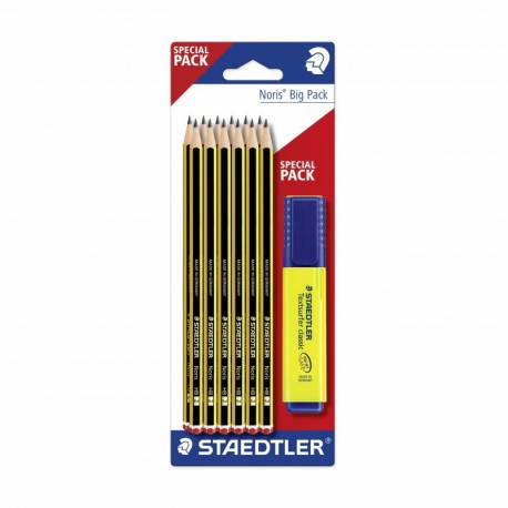 Staedtler Noris 120 BK12P1. Lápices de madera certificada. Paquete con 12 lapiceros HB y un subrayador amarillo 364-1.