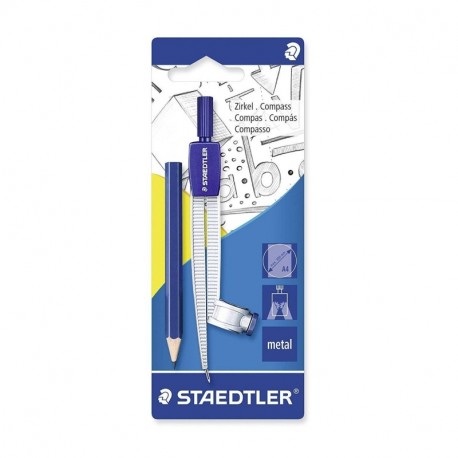 Staedtler 550 55 BK Compás escolar con adaptador universal y lápiz pequeño adicional en blíster, color azul/plateado