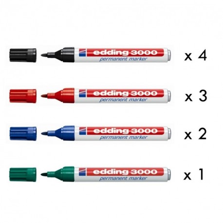 Rotulador Edding 3000, Caja 10 Unidades Surtido 4 Negro, 3 Rojo, 2 Azul, 1 Verde 