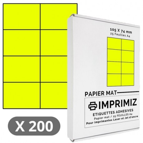 200 etiquetas autoadhesivas, color amarillo fluorescente de 105 mm X 74 mm, 8 etiquetas por hoja, 25 hojas de papel de colore