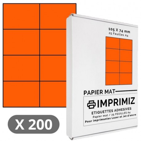 200 etiquetas autoadhesivas, color naranja fluorescente de 105 mm X 74 mm, 8 etiquetas por hoja, 25 hojas de papel de colores
