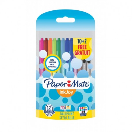 Paper Mate InkJoy Mini 100RT, bolígrafo retráctil, punta media de 1 mm y alegres colores surtidos, paquete de 10 + 2 1956651